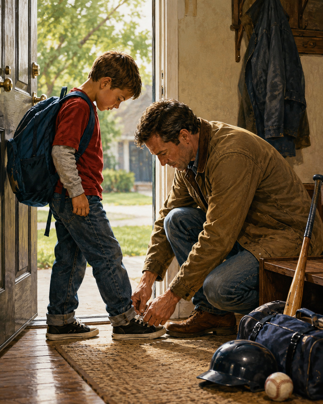 Painterly scene of a father kneeling to tie his son's shoe at the front door before school, backpack and baseball gear nearby.