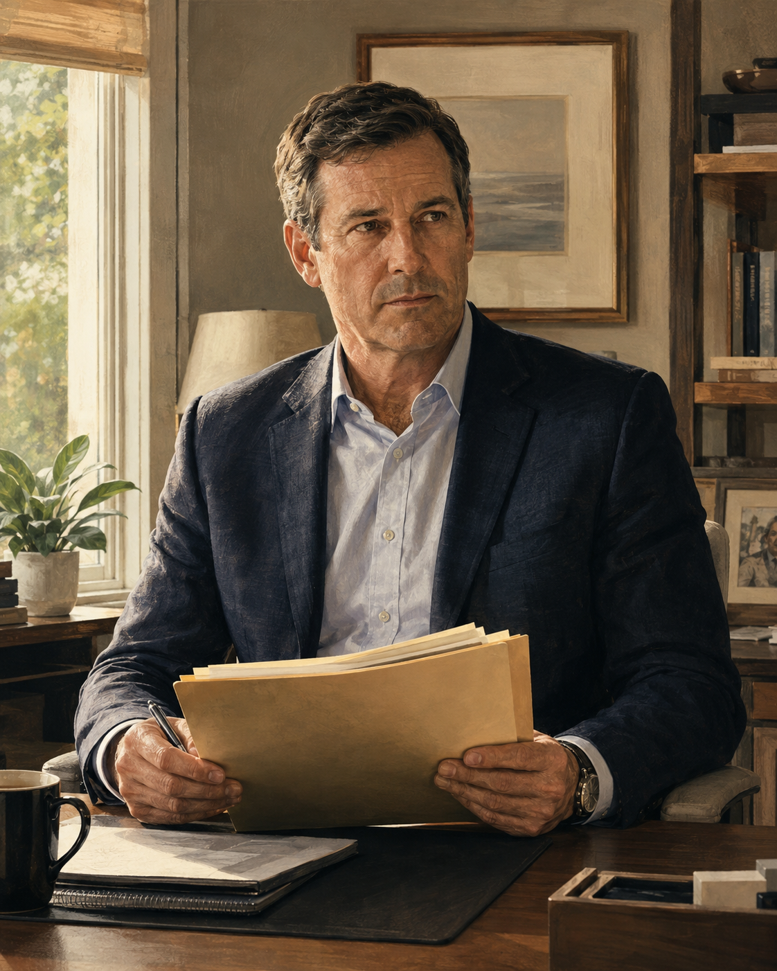 Painterly portrait of a composed executive at his desk reviewing a folder of financial documents.