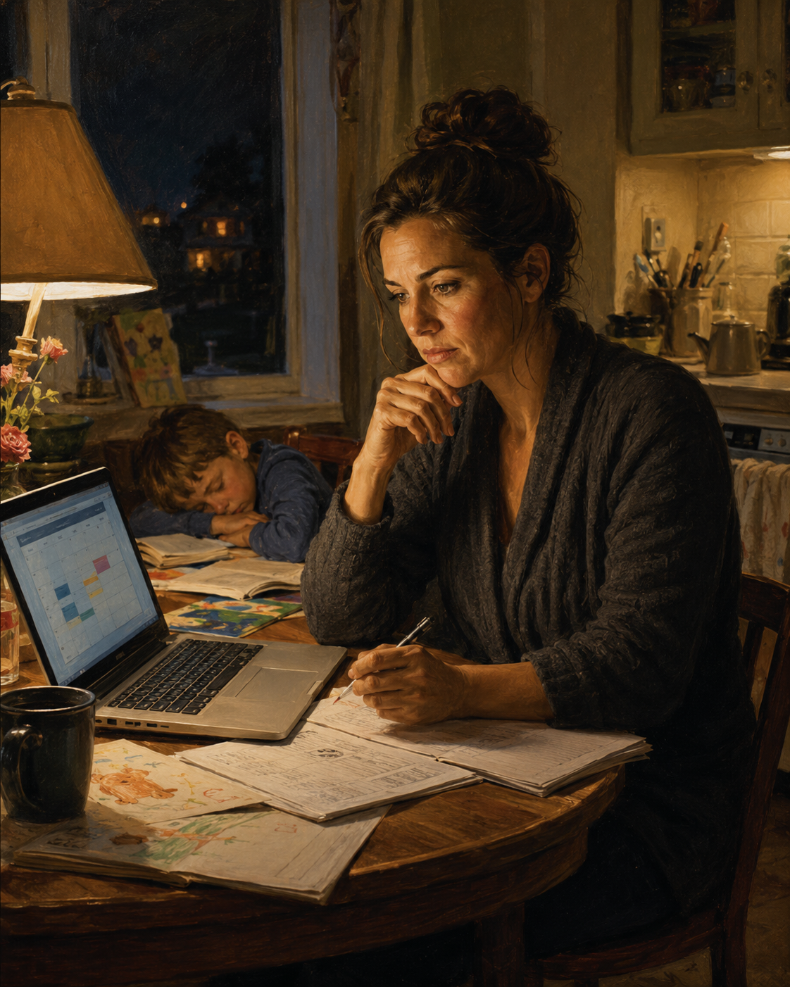 Painterly portrait of a protective parent working late at a kitchen table while her child sleeps beside her.